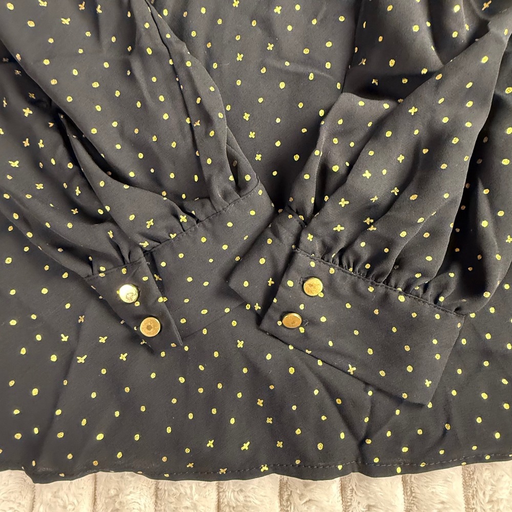 Ava & Viv Womens 1X Black Gold Foil Polka Dot Long Sleeve Blouse Keyhole Back - Picture 8 of 9